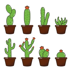 Glasschilderij Cactus in pot Cacti Cactus Plant Pot Flat Design Illustration Set