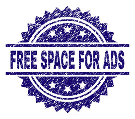 FREE SPACE FOR ADS stamp seal watermark with distress style. Blue vector rubber print of FREE SPACE FOR ADS title with retro texture.