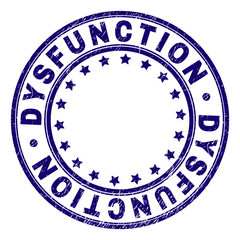 DYSFUNCTION stamp seal imprint with grunge texture. Designed with round shapes and stars. Blue vector rubber print of DYSFUNCTION caption with grunge texture.