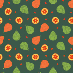 Vector seamless pattern background in cartoon style with gac fruit or baby jack fruit.