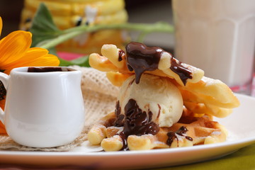 dessert with ice cream and waffles