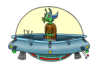 Original handrawn digital image of a wacky alien in a UFO