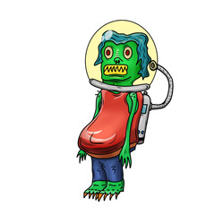 Crazy strange space alien monster wearing a helmet. White background.