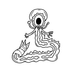 Crazy strange space alien monster. White background.  Original outline illustration