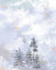 Fototapeta na wymiar Empty Watercolor Textured Surface with Forest Scenic Group. Beautiful Watercolor Splashes and Gradients Space for Christmas, New Year, and Winter Holidays Print, Background, Design, and Decoration.