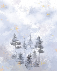 Empty Watercolor Textured Surface with Forest Scenic Group. Beautiful Watercolor Splashes and Gradients Space for Christmas, New Year, and Winter Holidays Print, Background, Design, and Decoration.