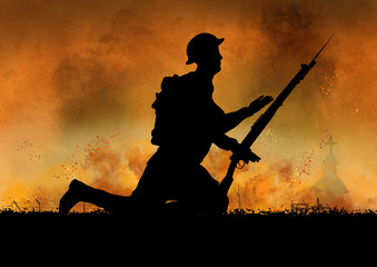 World War British soldiers silhouette on a battlefield.
