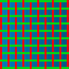 A graphic design of a woven red and green design with a blue background.