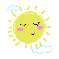 Childs drawing of sun. Cute cartoon character isolated on white background.