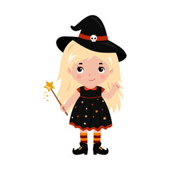 Adorable little witch. Halloween costume. Vector.