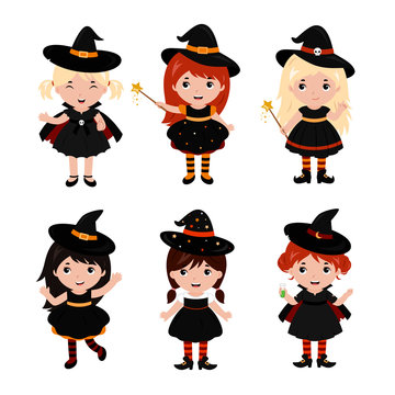 Adorable little witch characters in different poses. Halloween costume. Vector.