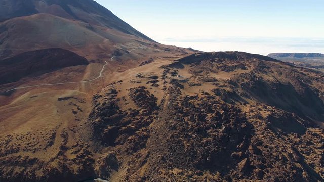 Aerial view of the Teide National Park, flight over the mountains and lava. Tenerife, Canary Islands