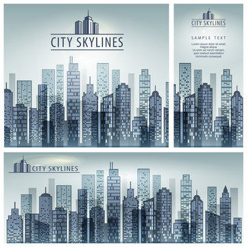 City skyline poster, building silhouette banner and text.