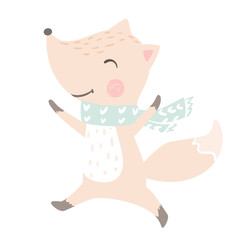Obraz na płótnie Canvas Fox baby winter print. Cute animal run in warm scarf christmas card.