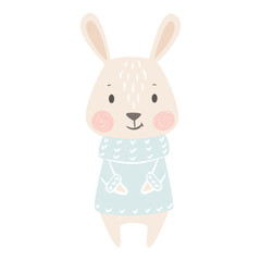 Fototapeta na wymiar Bunny baby winter print. Cute animal in warm sweater christmas card.