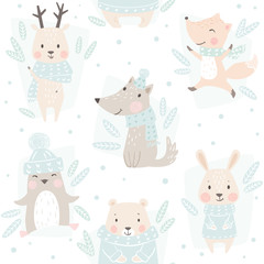 Obraz premium Bear, wolf, reindeer, hare, fox, penguin baby winter seamless pattern. Cute animal Christmas background.