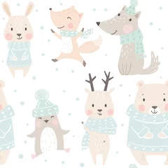 Wallpaper murals Little deer Bear, wolf, reindeer, hare, fox, penguin baby winter seamless pattern. Cute animal Christmas background.