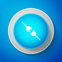 White Electric wire plug and socket icon isolated on blue background. Circle blue button with white line. Vector Illustration