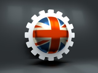 Cog wheel with Great Britain flag. Precision machinery relative backdrop. 3D rendering