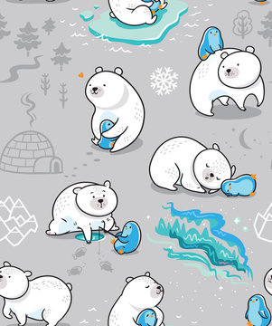 Polar friendship. Seamless pattern with cute polar bear and his friend - penguin