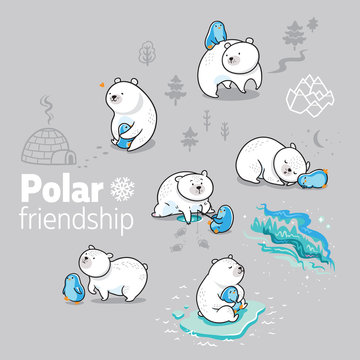 Polar bear and little penguin spending time together. Vector illustration