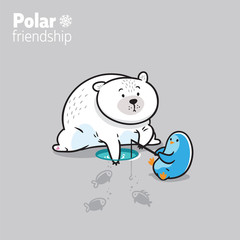 Vector illustration of a kawaii polar bear and a cute little penguin fishing on the ice
