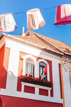 Brightly colored house in a small old town of Hungary. Szentendre is a famous tourist city with small vintage streets, restaurant with street decorations