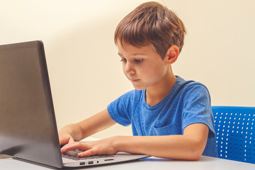 Concentrated boy sitting at desk with laptop computer and doing homework