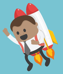 african businessman behind with a rocket ready to jump forward. Blue background image