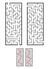 A set of two rectangular mazes. Game for kids. Puzzle for children. One entrances, one exit. Labyrinth conundrum. Simple flat vector illustration isolated on white background. With answer.