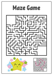 Abstract square maze. Kids worksheets. Game puzzle for children. Funny star and mushroom on a white background. One entrances, one exit. Labyrinth conundrum. Vector illustration. With the answer.