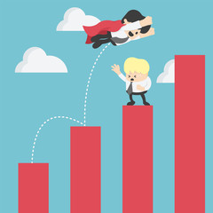 Super businessman in red jump bar chart. Business concept.