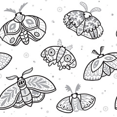 Seamless pattern with hand drawn moths. Vector background