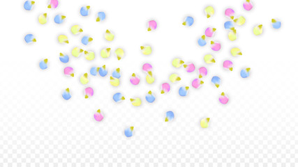 Vector Realistic Colorful Petals Falling on Transparent Background.  Spring Romantic Flowers Illustration. Flying Petals. Sakura Spa Design. Blossom Confetti. Design Elements for Wedding Decoration.
