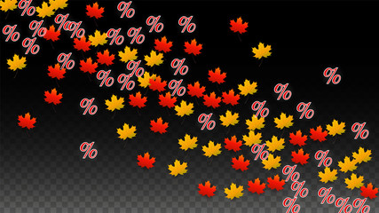 Vector Percentage Sign and Autumn Leaves Confetti on Transparent Background. Percent Sale Background. Business, Economics, Finance Print. Discount Illustration. Promotion poster. Black Friday Banner. 