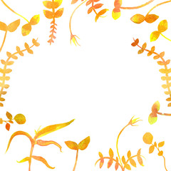 A frame with yellow autumn plants and copy space. Watercolour branches and leaves, forming a border for a fall design with copy space