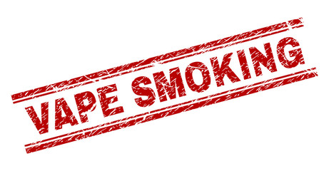 VAPE SMOKING seal imprint with corroded texture. Red vector rubber print of VAPE SMOKING label with corroded texture. Text title is placed between double parallel lines.