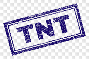 TNT stamp seal print with rubber print style and double framed rectangle shape. Stamp is placed on a transparent background. Blue vector rubber print of TNT label with dust texture.