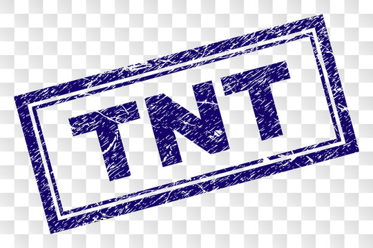 TNT stamp seal print with rubber print style and double framed rectangle shape. Stamp is placed on a transparent background. Blue vector rubber print of TNT label with dust texture.