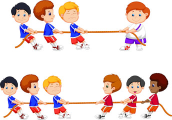 Fototapeta premium Cartoon group of children playing tug of war
