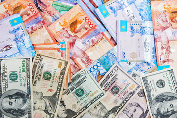 Tenge. Kazakh money and dollars. Background of the money.