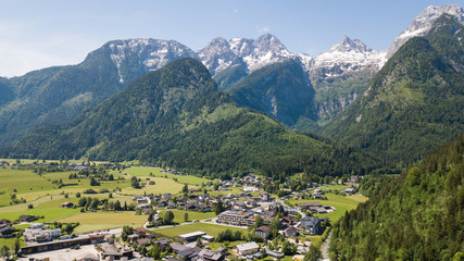 Fototapeta na wymiar Aerial view of a village in the alpine mountains, Lofer, Austria