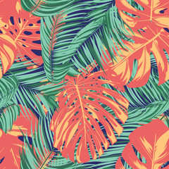Fototapeta na wymiar Summer Exotic Floral Tropical Palm, Philodendron Leaf. Jungle Leaf Seamless Pattern. Botanical Plants Background. Eps10 Vector. Summer Tropical Palm Wallpaper for Print, Fabric, Tile, Wallpaper, Dress