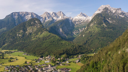 Fototapeta na wymiar Aerial view of a village in the alpine mountains, Lofer, Austria