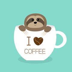 Sloth sitting in teacup. I love coffee cup. Face and hands. Cute cartoon character. Wild jungle animal collection. Slow down. Baby education. Isolated. Blue background. Flat design.