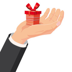 The hand that holds the box, gift. Cartoon style. The concept of delivery, victory, Christmas holiday, birthday, engagement, wedding. Vector, illustration, isolated