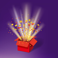 Open Red Gift Box and Colour Confetti. Bright Rays. Vector Illustration. Isolated, Template Baner, Poster
