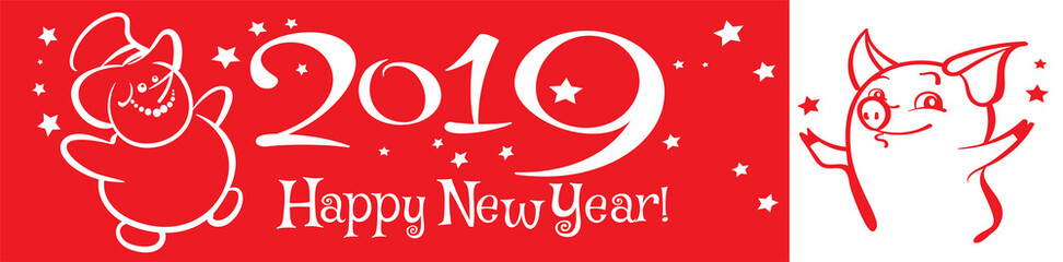 2019 HAPPY NEW YEAR card, banner. Snowman and Pig on red background