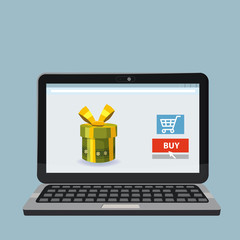 Laptop, noteebok with green gift box. Online shopping concept. Sale, e-commerce, retailing, discount theme. Creative flyer, poster template. Baner, poster, vector