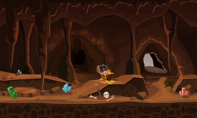 Treasure cave with chest gold coins, gems. Concept, art for computer game. Background image to use games, apps, banners, graphics. Vector cartoon illustration